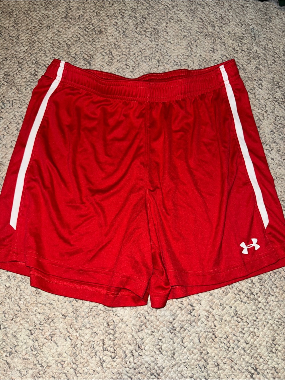 Under Armour Women's Red Athletic Shorts with White Stripe